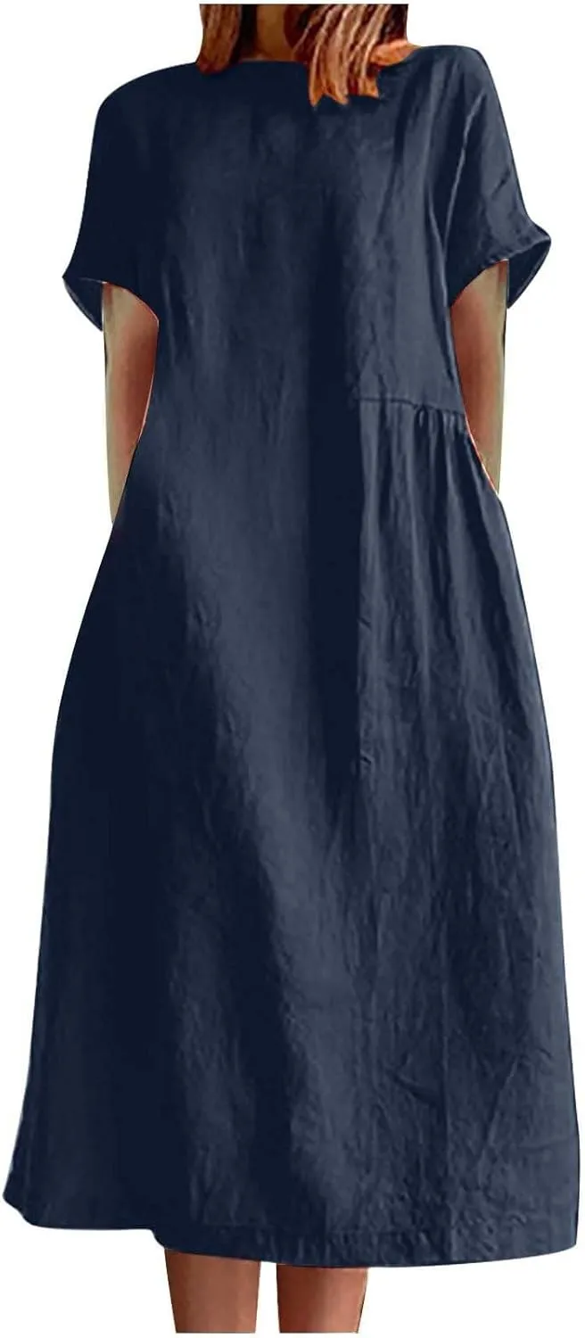 yardsong Women's Casual Dresses Summer Cotton Linen Midi Dress Short Sleeve Round Neck Loose Fit Vacation Beach Dresses