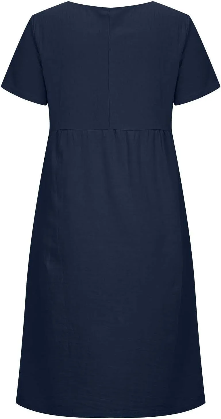 yardsong Women's Casual Dresses Summer Cotton Linen Midi Dress Short Sleeve Round Neck Loose Fit Vacation Beach Dresses