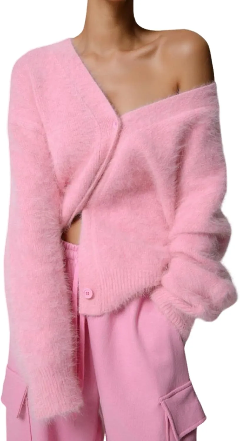 Yimoon Womens Fuzzy Cardigan Sweater V Neck Long Sleeve Button Down Slouchy Furry Knit Sweaters 2024