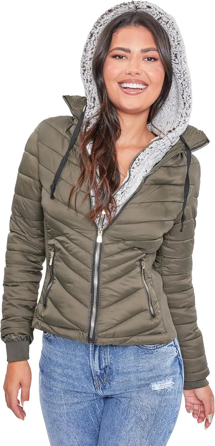 YMI Women's Junior Full Length Puffer Jacket with Detachable Sherpa Hood