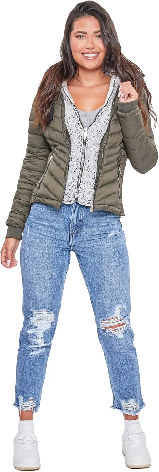 YMI Women's Junior Full Length Puffer Jacket with Detachable Sherpa Hood