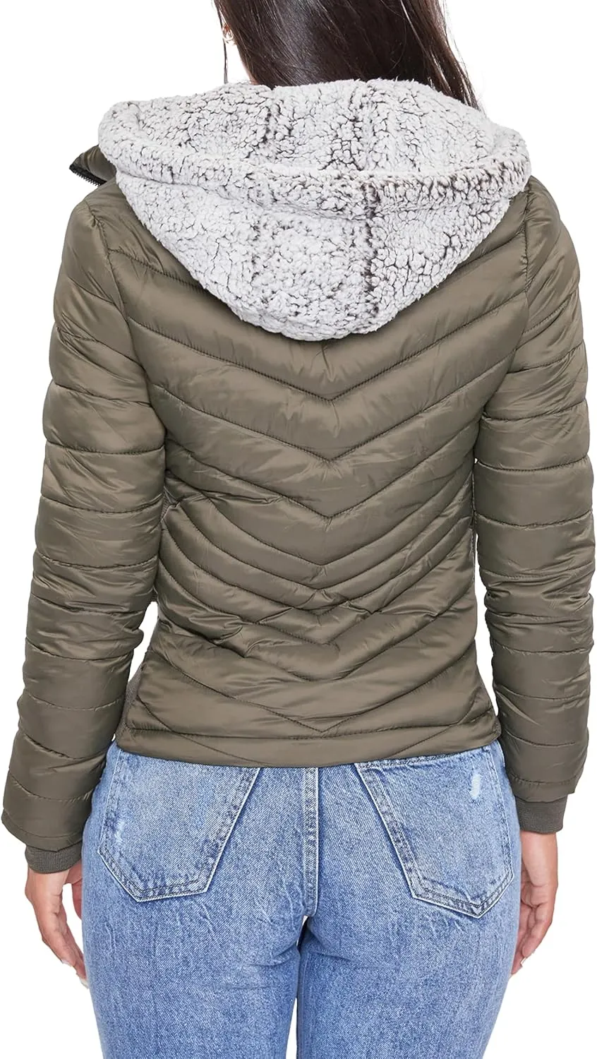 YMI Women's Junior Full Length Puffer Jacket with Detachable Sherpa Hood