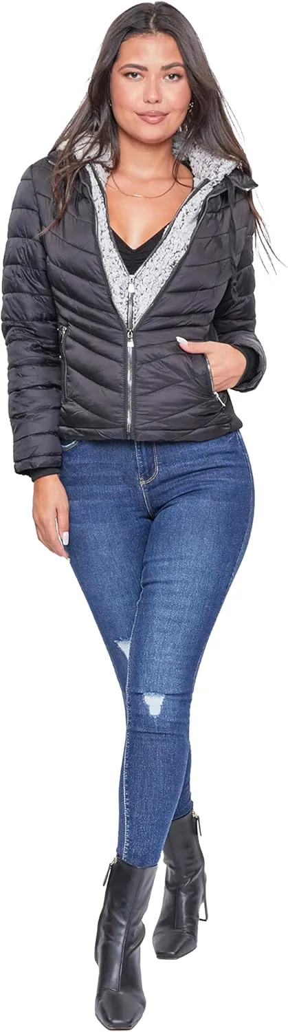 YMI Women's Junior Full Length Puffer Jacket with Detachable Sherpa Hood