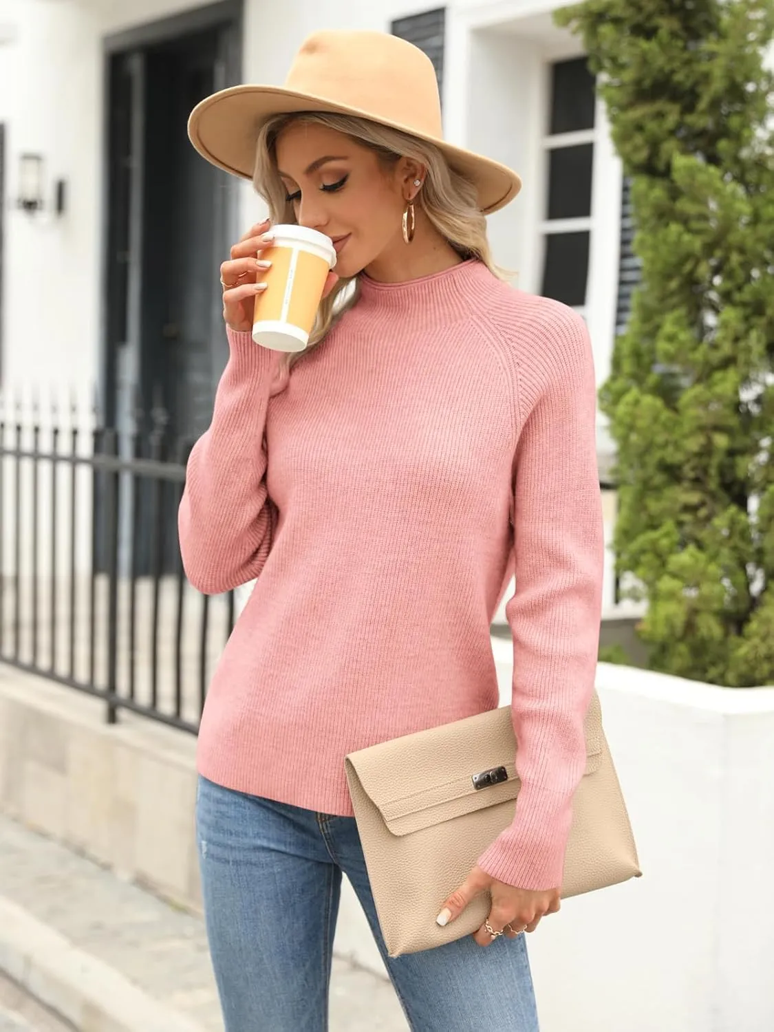 Yousify Womens Ribbed Mock Neck Batwing Sleeve Sweater Loose Knitted Pullover Sweaters Jumper Tops