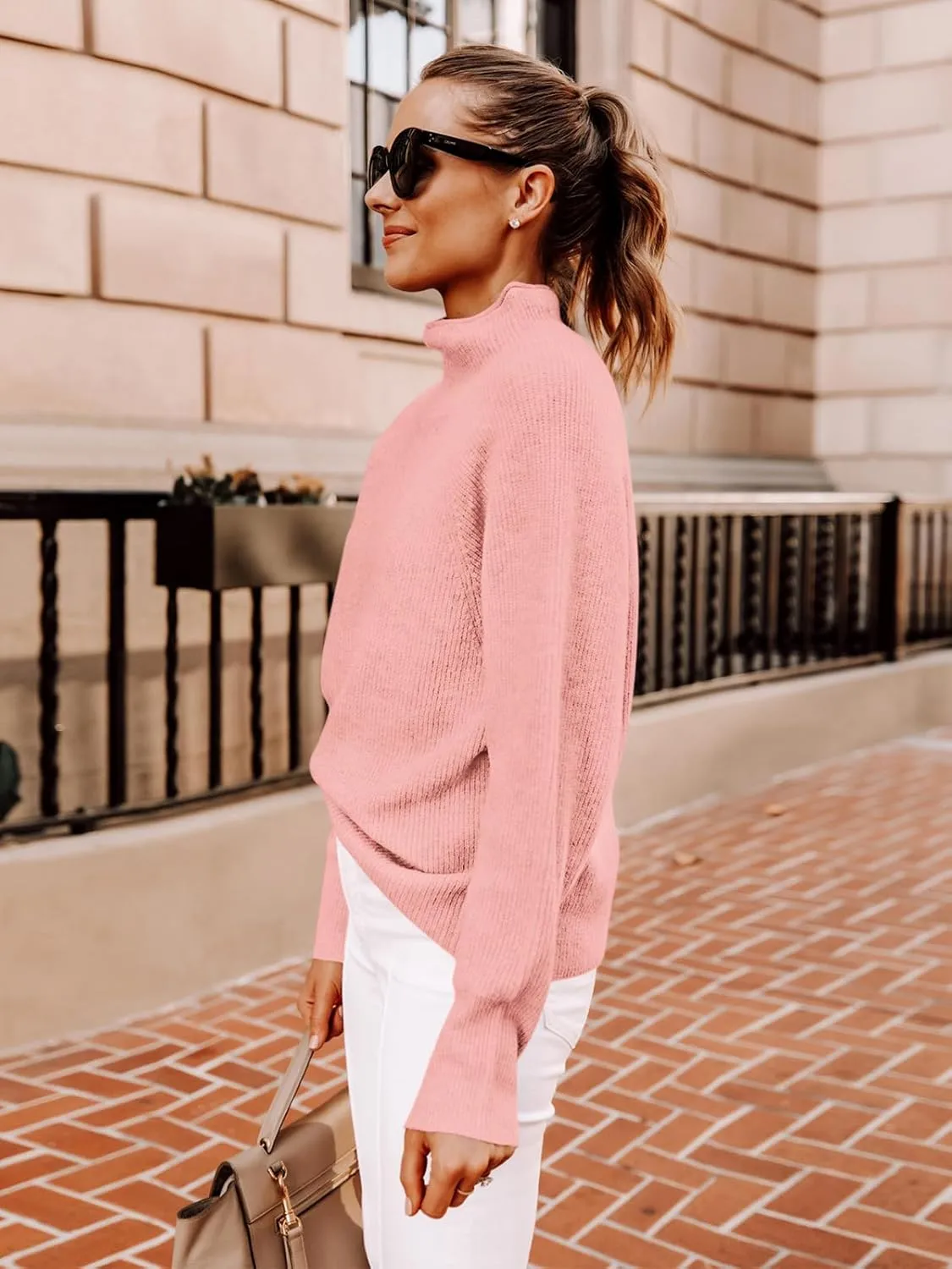 Yousify Womens Ribbed Mock Neck Batwing Sleeve Sweater Loose Knitted Pullover Sweaters Jumper Tops