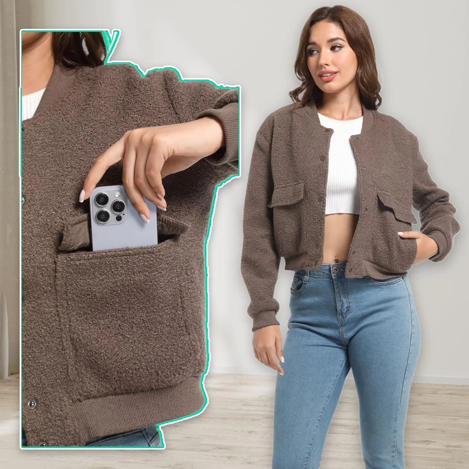 YSW Womens Cropped Bomber Jacket Baseball Varsity Jacket Casual Jackets with Pockets Button Down Chaquetas de Mujer