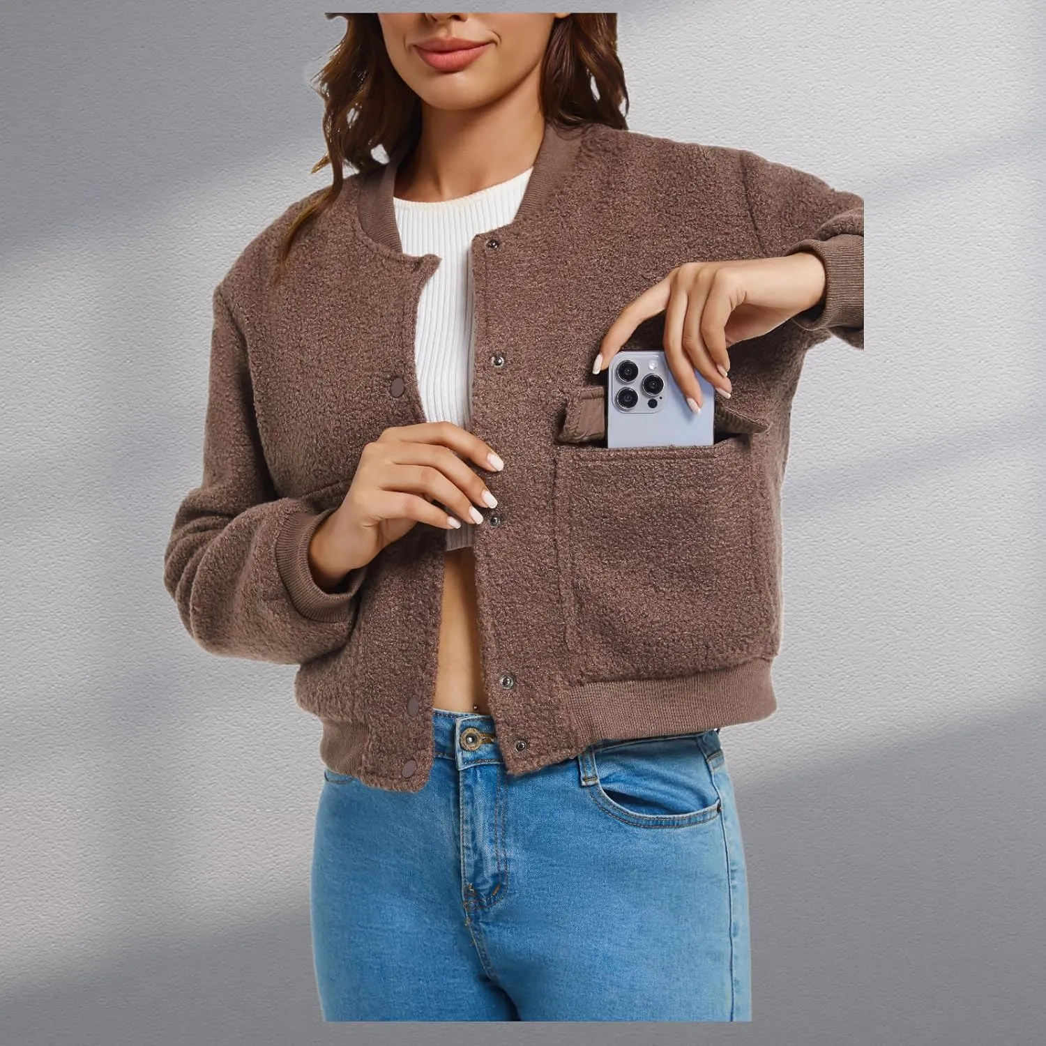 YSW Womens Cropped Bomber Jacket Baseball Varsity Jacket Casual Jackets with Pockets Button Down Chaquetas de Mujer