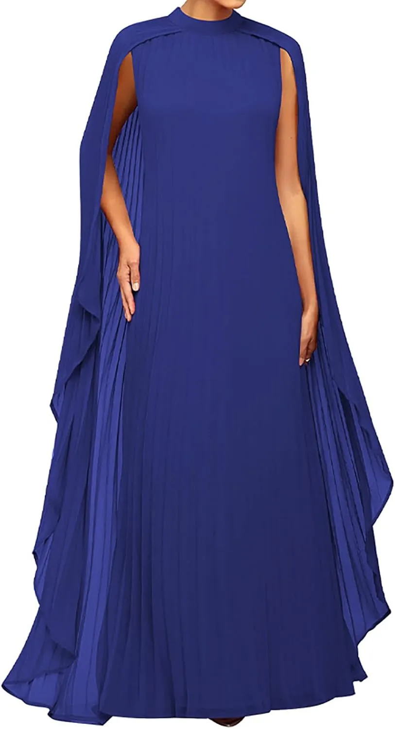 Yuopeid Women's Mock Neck Cloak Sleeve Loose Casual Maxi Dress Flowy Pleated Party Loose Dress Wedding Guest Long Dress