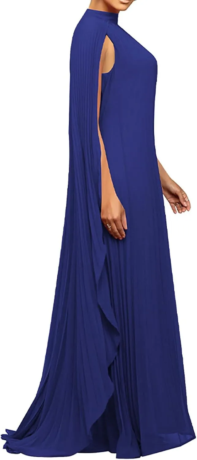 Yuopeid Women's Mock Neck Cloak Sleeve Loose Casual Maxi Dress Flowy Pleated Party Loose Dress Wedding Guest Long Dress
