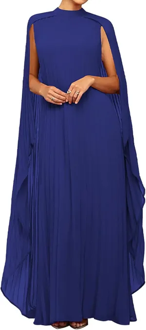 Yuopeid Women's Mock Neck Cloak Sleeve Loose Casual Maxi Dress Flowy Pleated Party Loose Dress Wedding Guest Long Dress