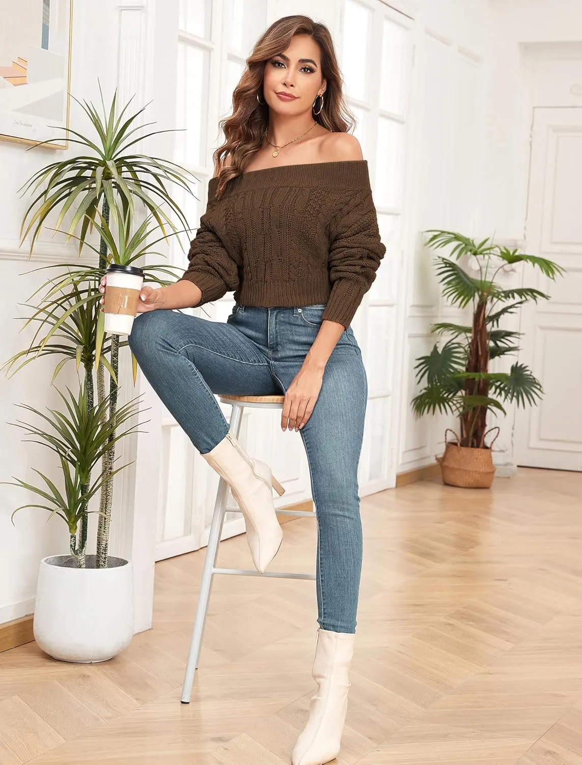 ZAFUL Women V Neck Button Knit Crop Sweaters Batwing Sleeve V Back Ribbed Hem Pullover Sweater