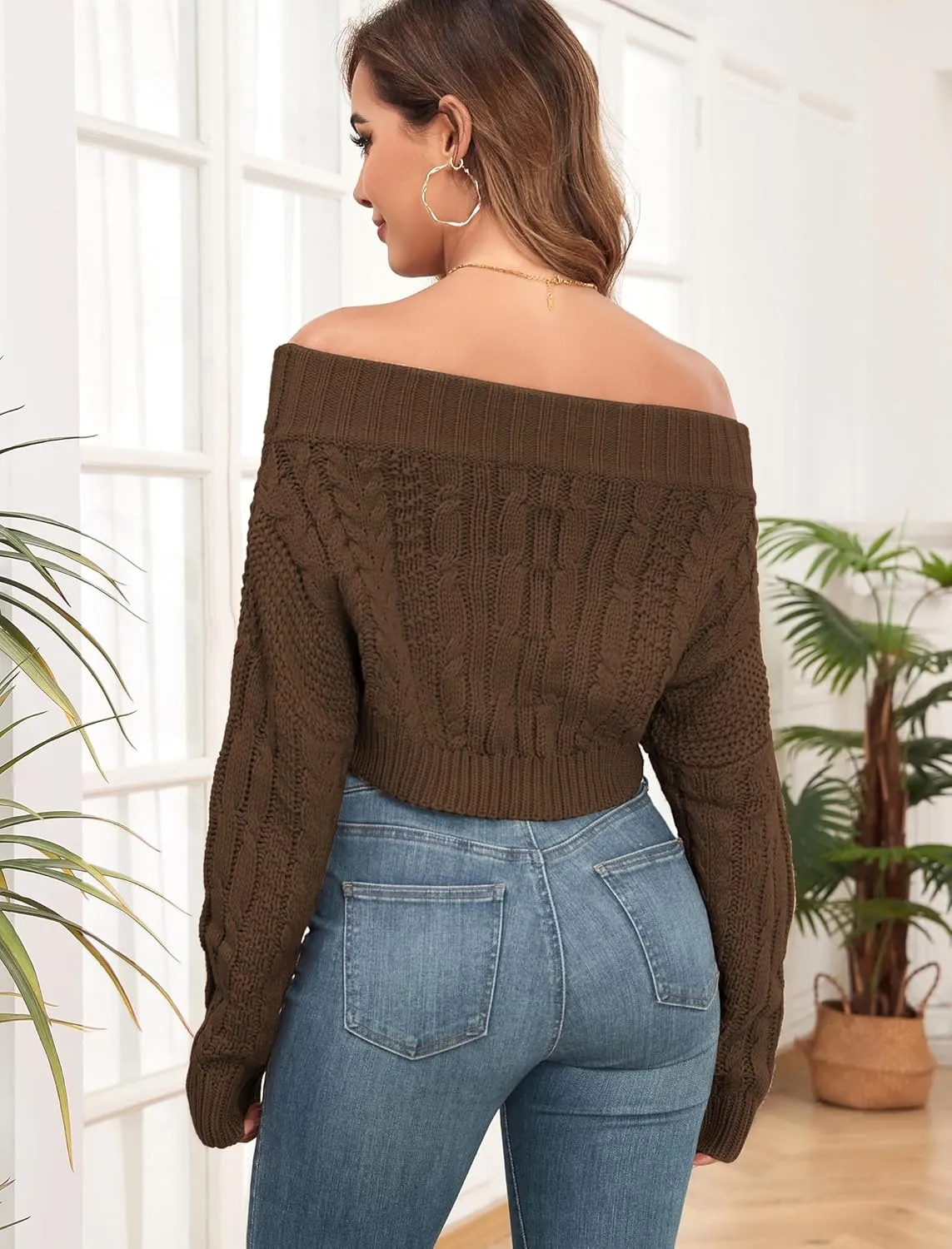 ZAFUL Women V Neck Button Knit Crop Sweaters Batwing Sleeve V Back Ribbed Hem Pullover Sweater