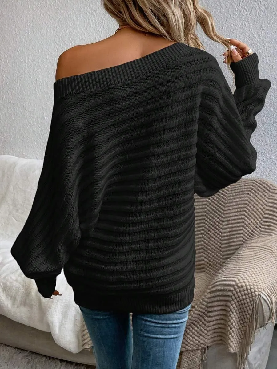 ZAFUL Womens Fall Sweaters Off The Shoulder Batwing Sleeve Textured Knit Tops Oversized One Shoulder Sweater