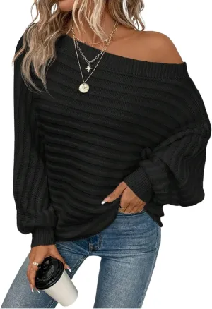 ZAFUL Womens Fall Sweaters Off The Shoulder Batwing Sleeve Textured Knit Tops Oversized One Shoulder Sweater