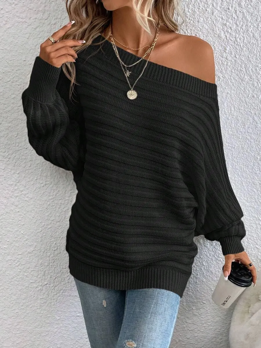 ZAFUL Womens Fall Sweaters Off The Shoulder Batwing Sleeve Textured Knit Tops Oversized One Shoulder Sweater
