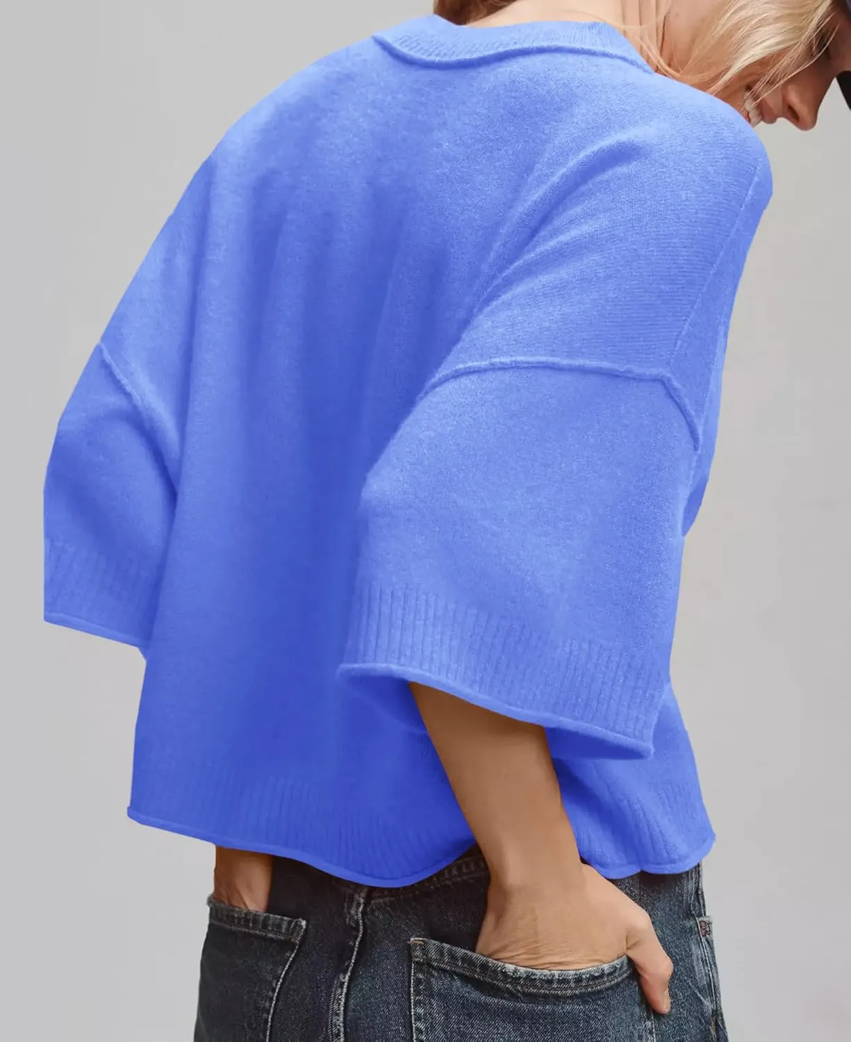 ZDC Women's Oversized Sweaters Summer 3/4 Sleeve Casual Cropped Tops Lightweight Loose Fit Knit Pullover