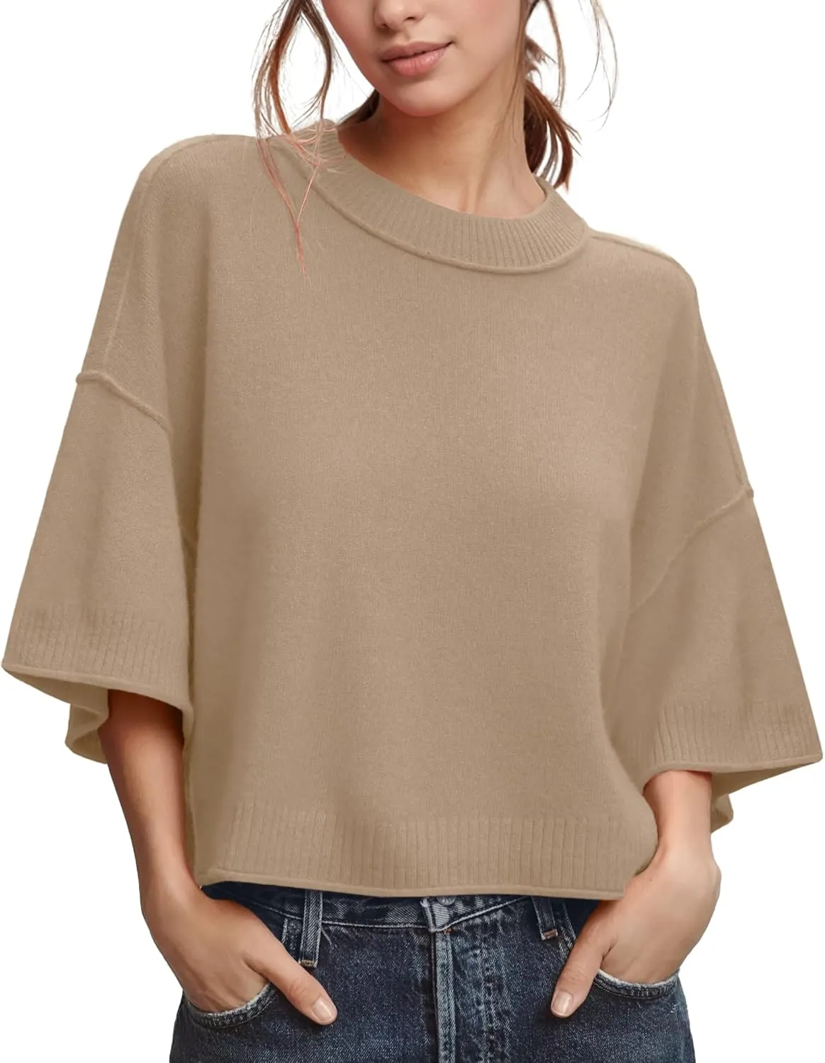 ZDC Women's Oversized Sweaters Summer 3/4 Sleeve Casual Cropped Tops Lightweight Loose Fit Knit Pullover