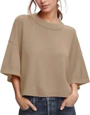ZDC Women's Oversized Sweaters Summer 3/4 Sleeve Casual Cropped Tops Lightweight Loose Fit Knit Pullover