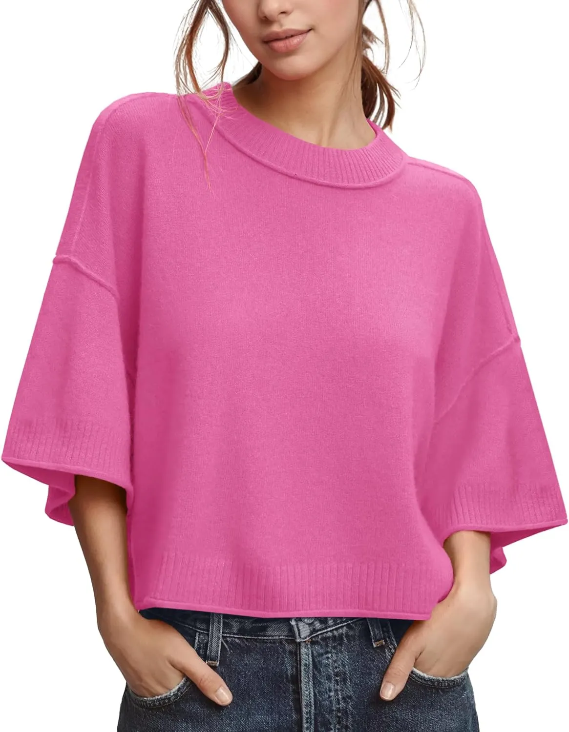 ZDC Women's Oversized Sweaters Summer 3/4 Sleeve Casual Cropped Tops Lightweight Loose Fit Knit Pullover