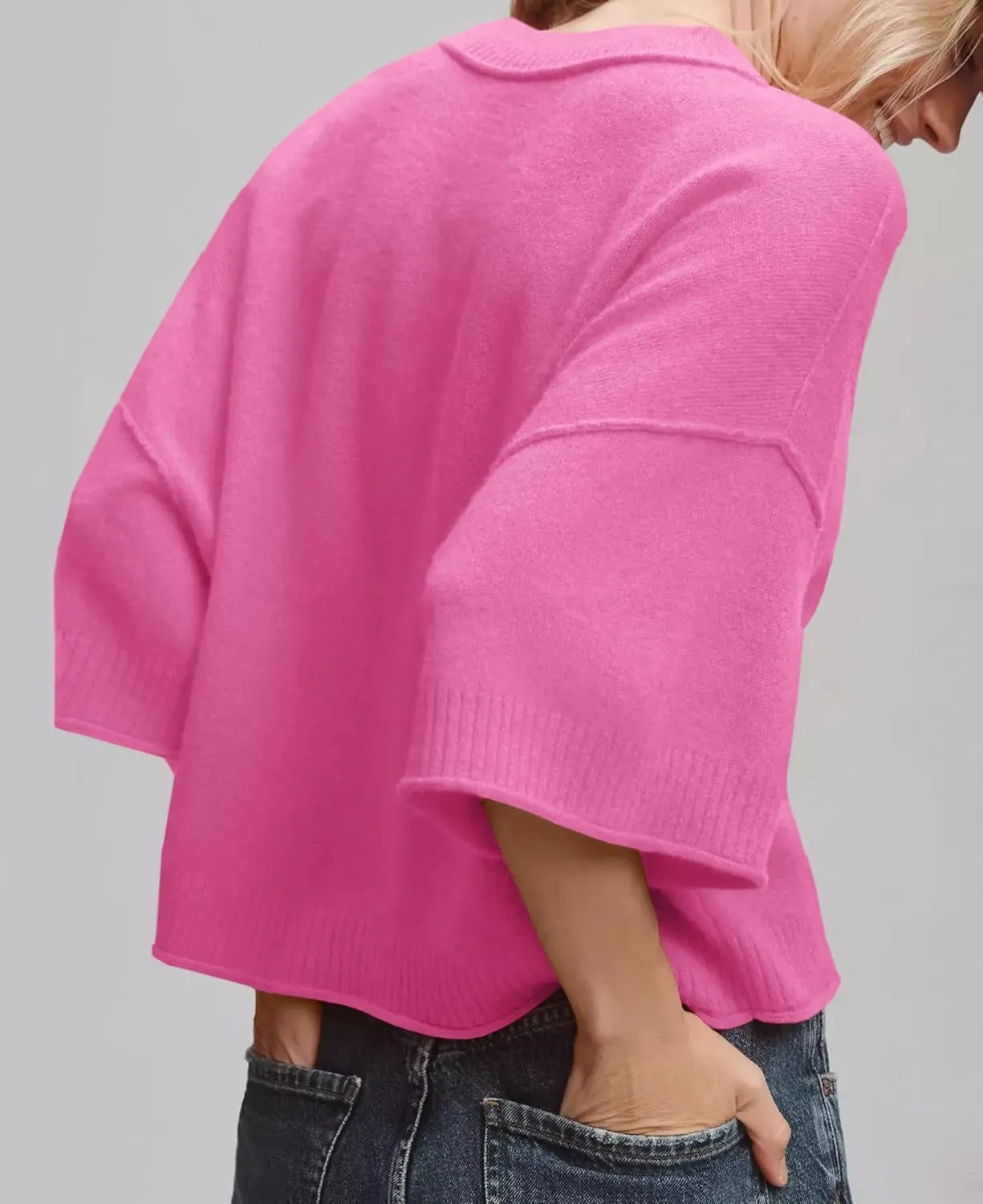 ZDC Women's Oversized Sweaters Summer 3/4 Sleeve Casual Cropped Tops Lightweight Loose Fit Knit Pullover