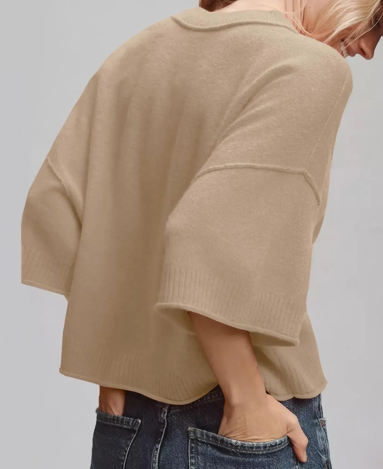 ZDC Women's Oversized Sweaters Summer 3/4 Sleeve Casual Cropped Tops Lightweight Loose Fit Knit Pullover