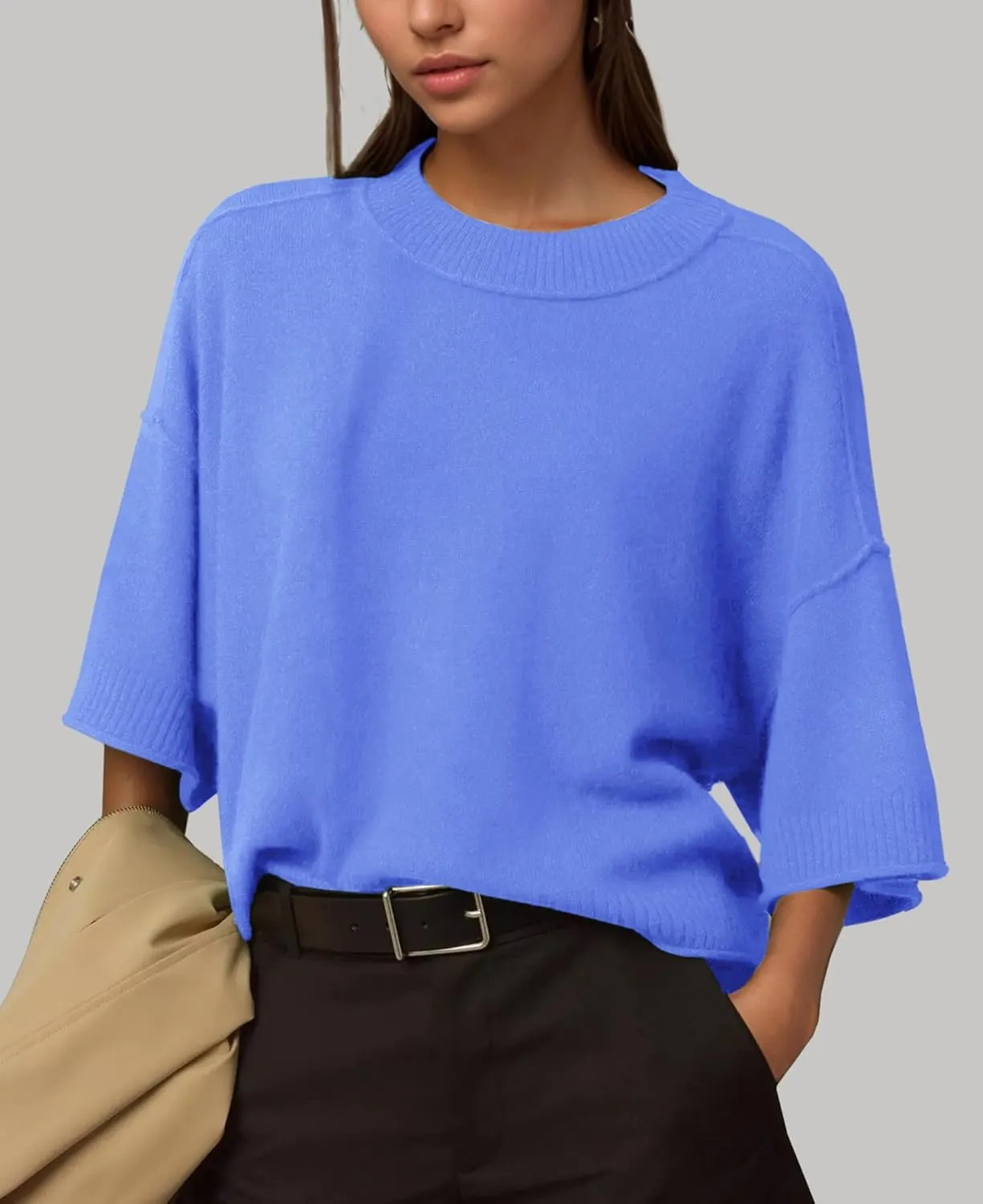 ZDC Women's Oversized Sweaters Summer 3/4 Sleeve Casual Cropped Tops Lightweight Loose Fit Knit Pullover