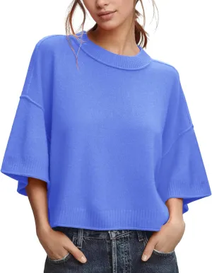 ZDC Women's Oversized Sweaters Summer 3/4 Sleeve Casual Cropped Tops Lightweight Loose Fit Knit Pullover
