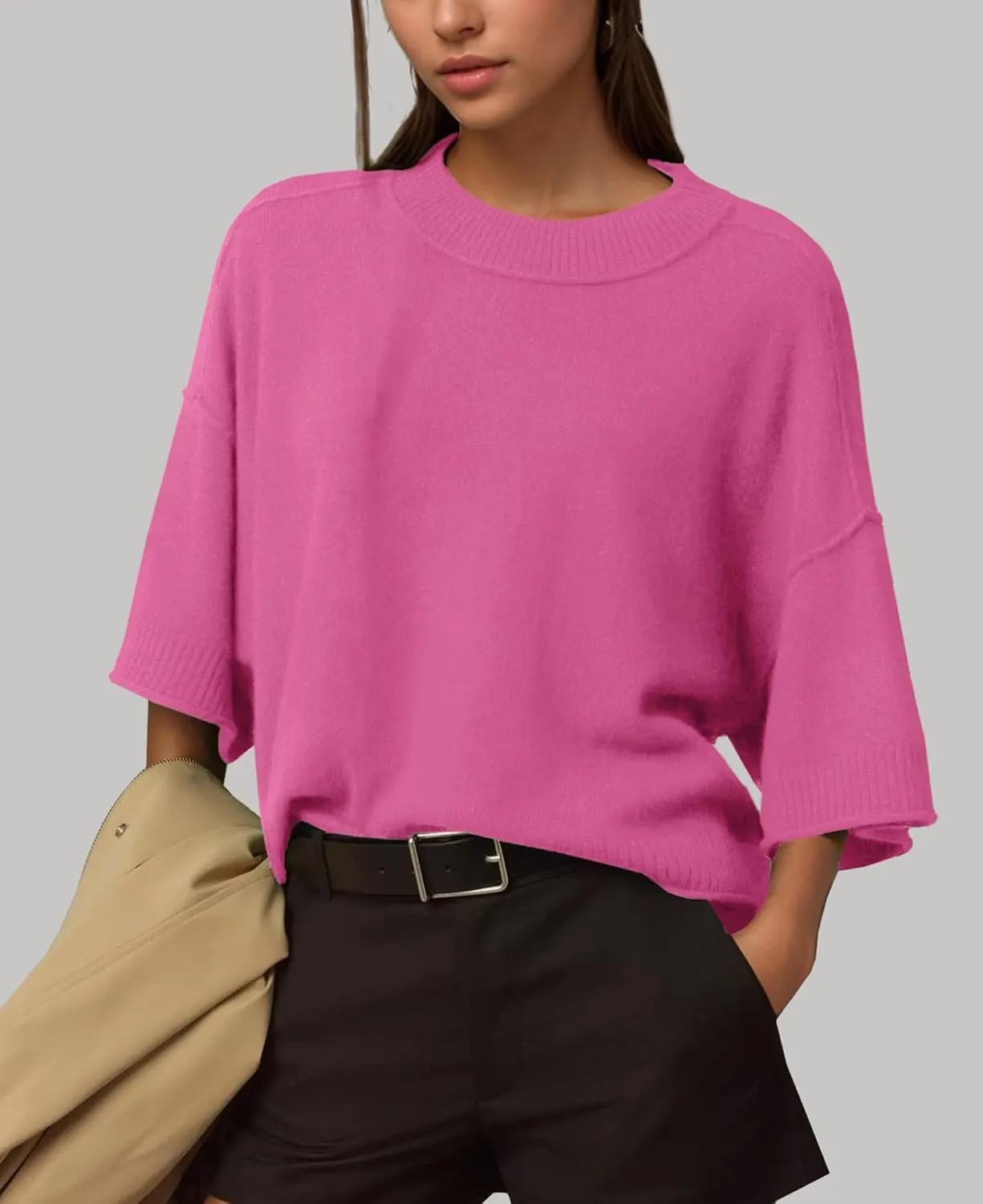 ZDC Women's Oversized Sweaters Summer 3/4 Sleeve Casual Cropped Tops Lightweight Loose Fit Knit Pullover