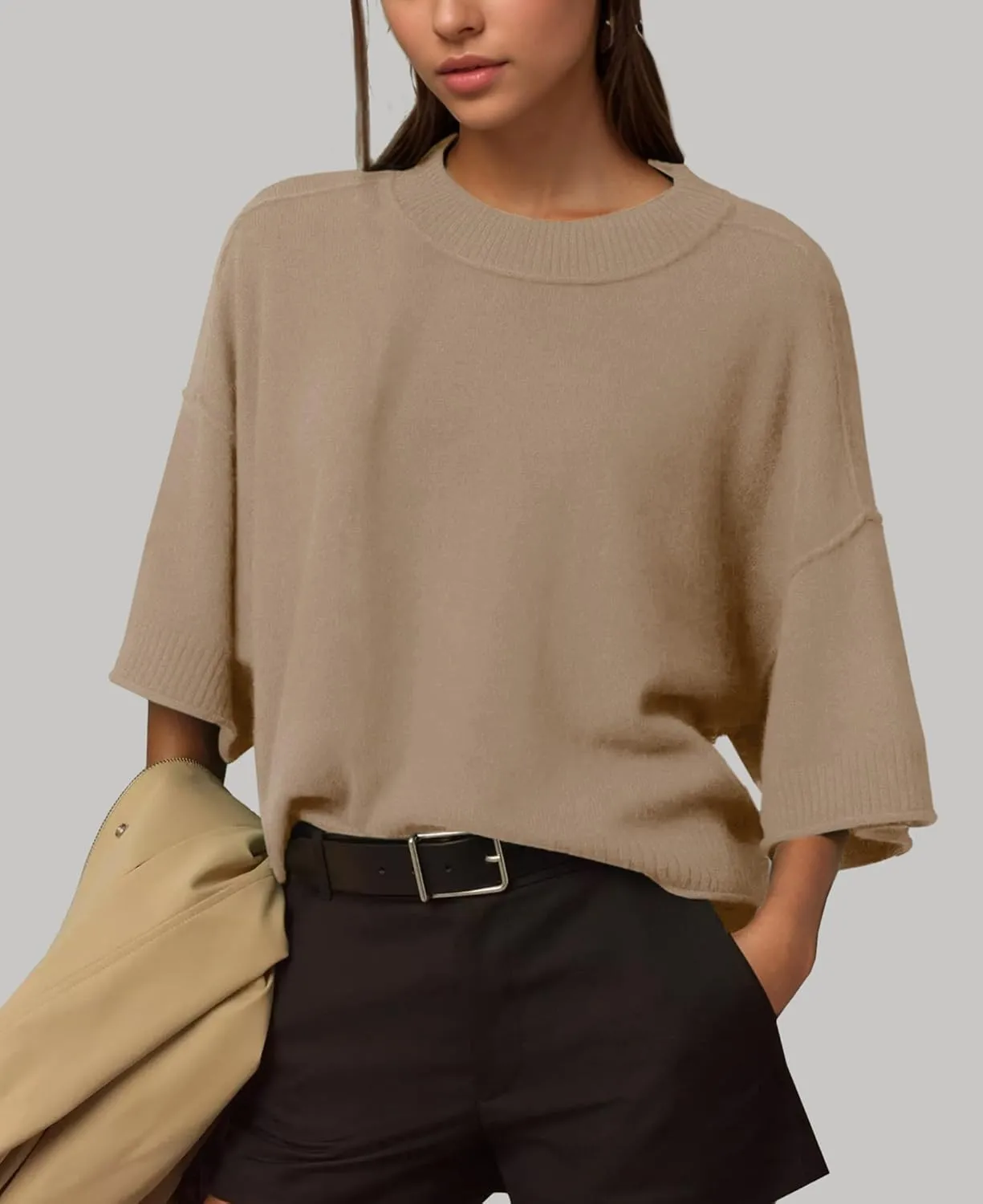 ZDC Women's Oversized Sweaters Summer 3/4 Sleeve Casual Cropped Tops Lightweight Loose Fit Knit Pullover