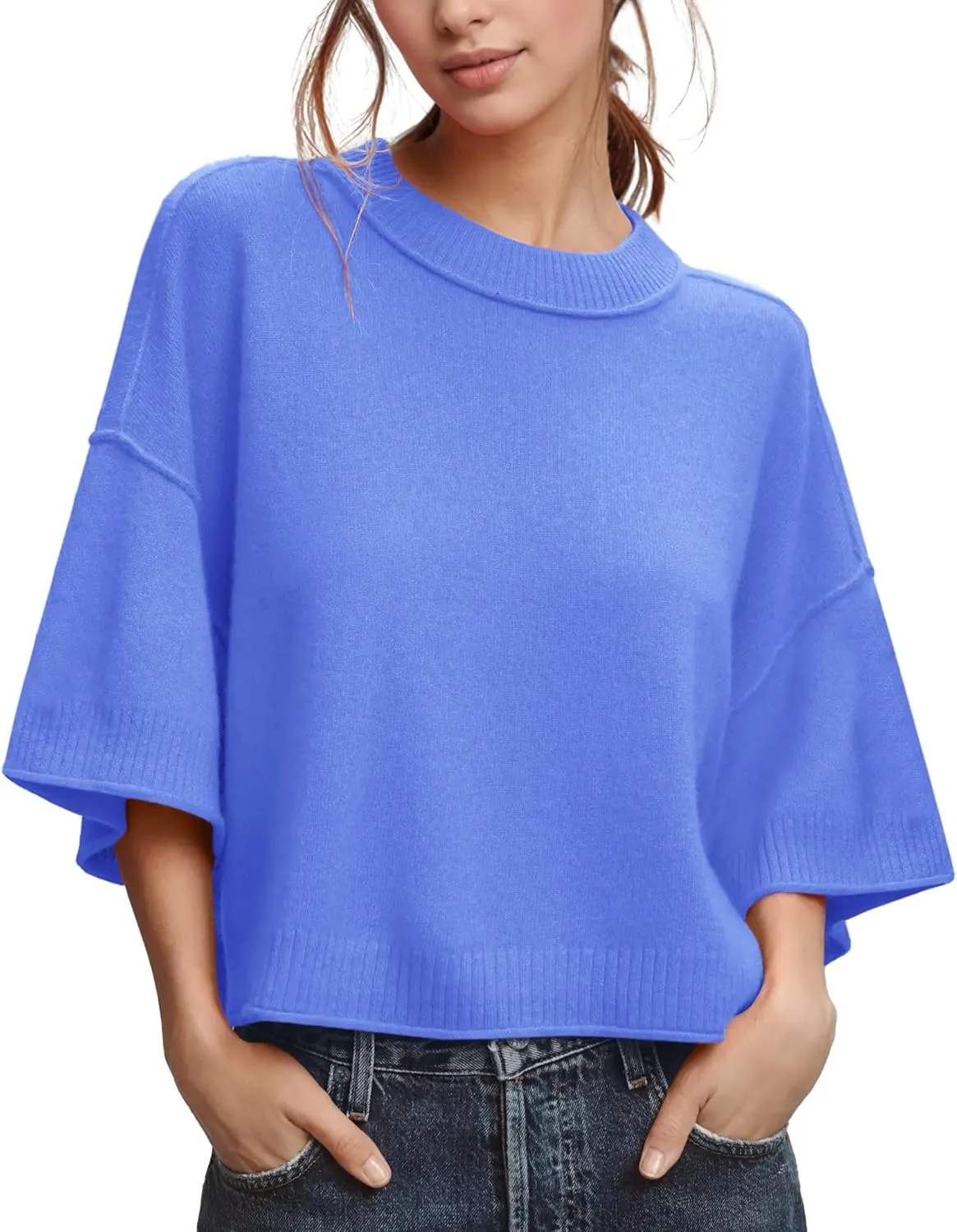 ZDC Women's Oversized Sweaters Summer 3/4 Sleeve Casual Cropped Tops Lightweight Loose Fit Knit Pullover