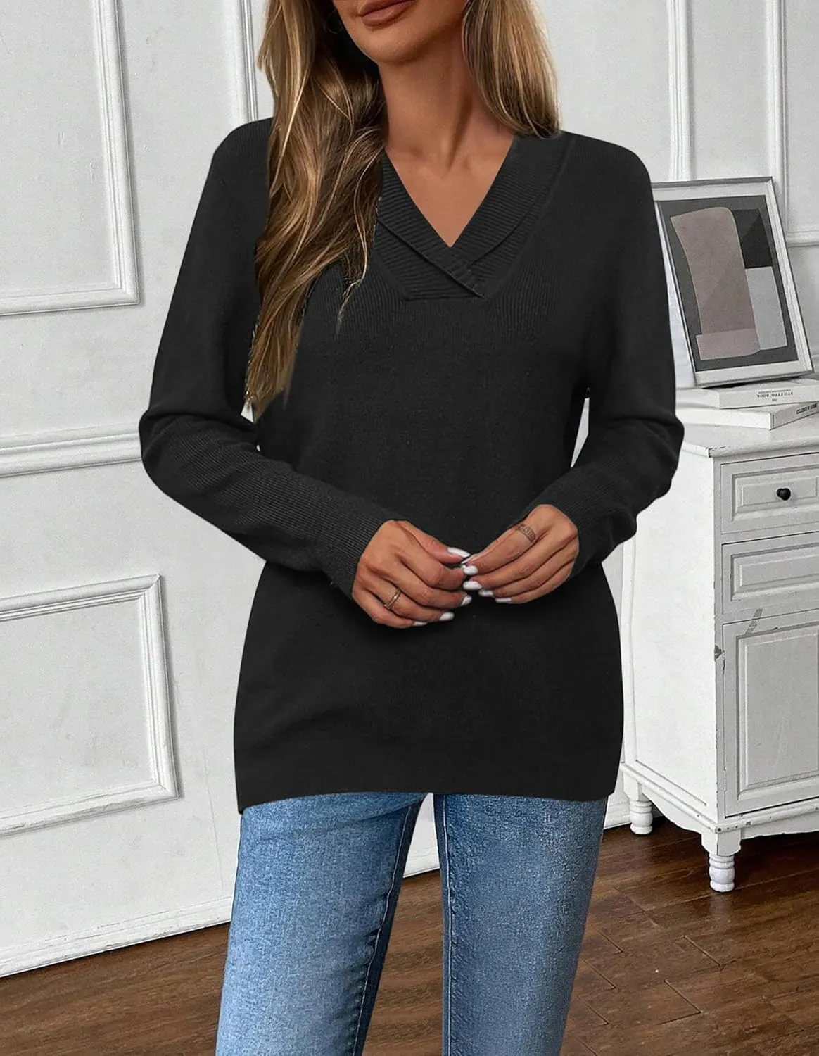 Zeagoo Sweaters for Women Fashion 2024 Fall Long Sleeve Shirts V Neck Collared Knit Pullover Tops Outfits