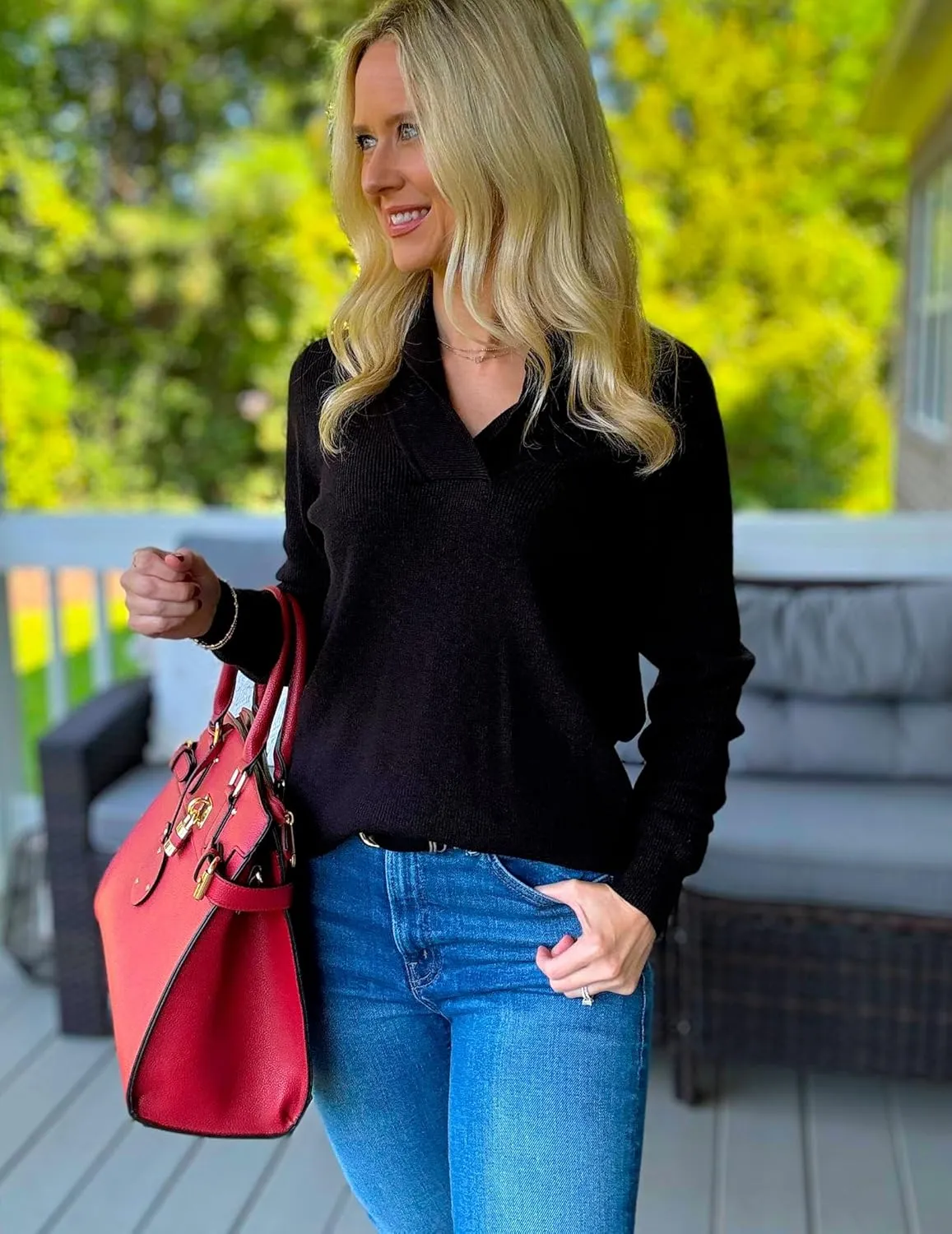 Zeagoo Sweaters for Women Fashion 2024 Fall Long Sleeve Shirts V Neck Collared Knit Pullover Tops Outfits