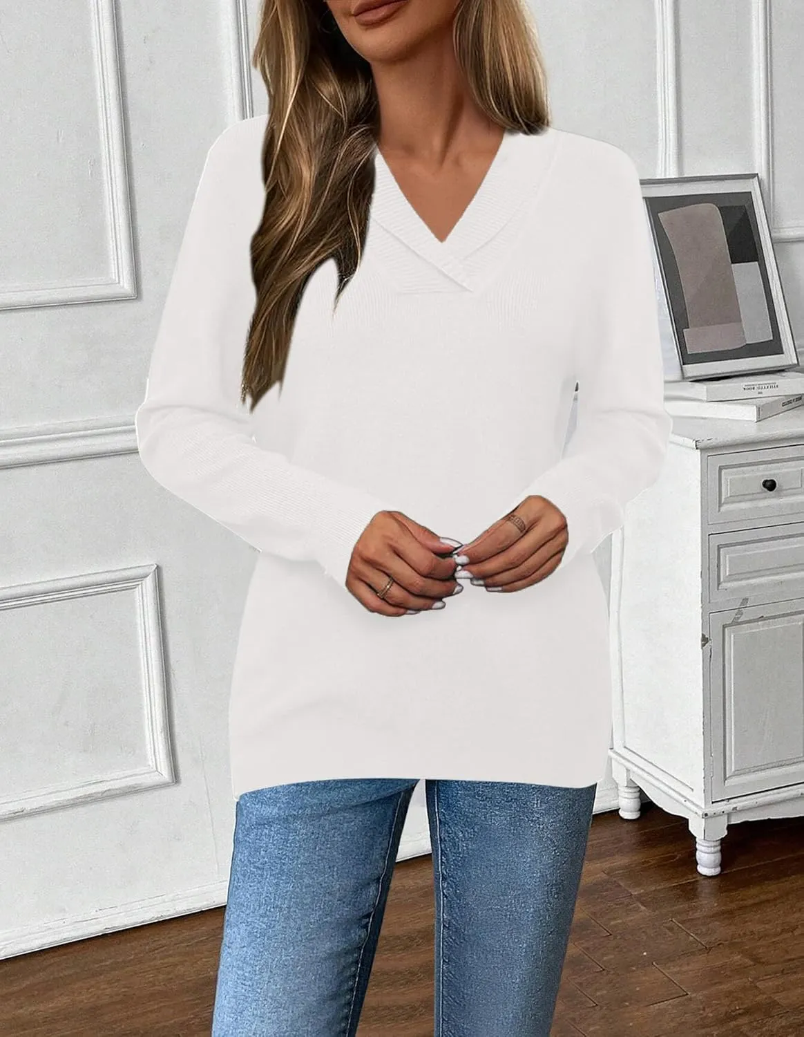 Zeagoo Sweaters for Women Fashion 2024 Fall Long Sleeve Shirts V Neck Collared Knit Pullover Tops Outfits