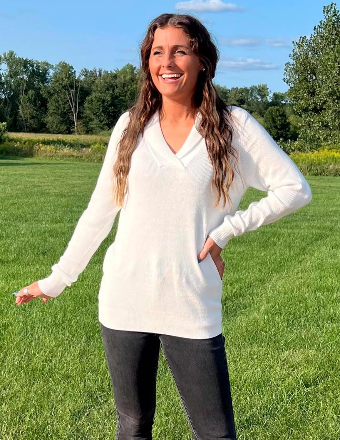 Zeagoo Sweaters for Women Fashion 2024 Fall Long Sleeve Shirts V Neck Collared Knit Pullover Tops Outfits
