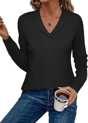 Zeagoo Sweaters for Women Fashion 2024 Fall Long Sleeve Shirts V Neck Collared Knit Pullover Tops Outfits