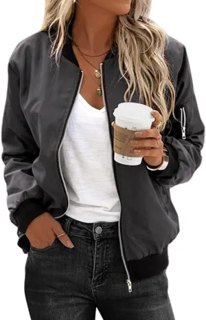 Zeagoo Women's Bomber Jacket Casual Coat Zip Up Outerwear Windbreaker with Pockets S-XXL