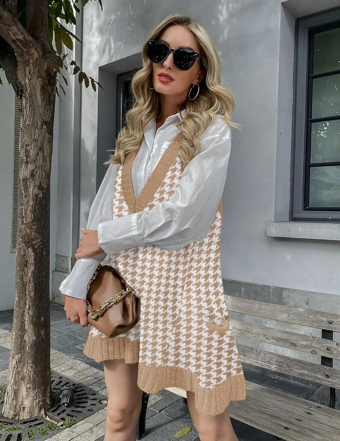 Zeagoo Womens Sweater Vest Dress Pattern Knitted Pullovers Sweaters V Neck Tank Sweater Dress with Pockets