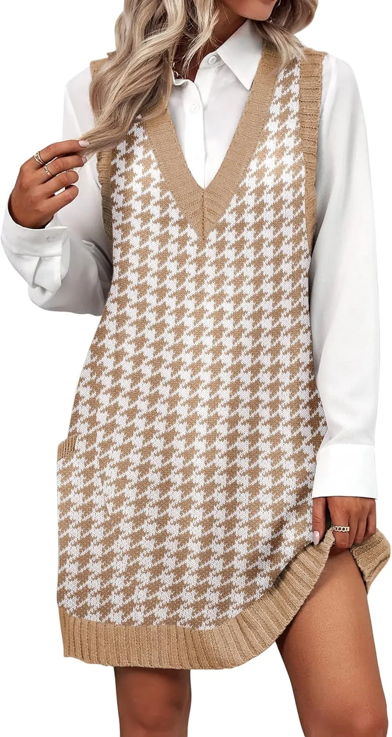 Zeagoo Womens Sweater Vest Dress Pattern Knitted Pullovers Sweaters V Neck Tank Sweater Dress with Pockets