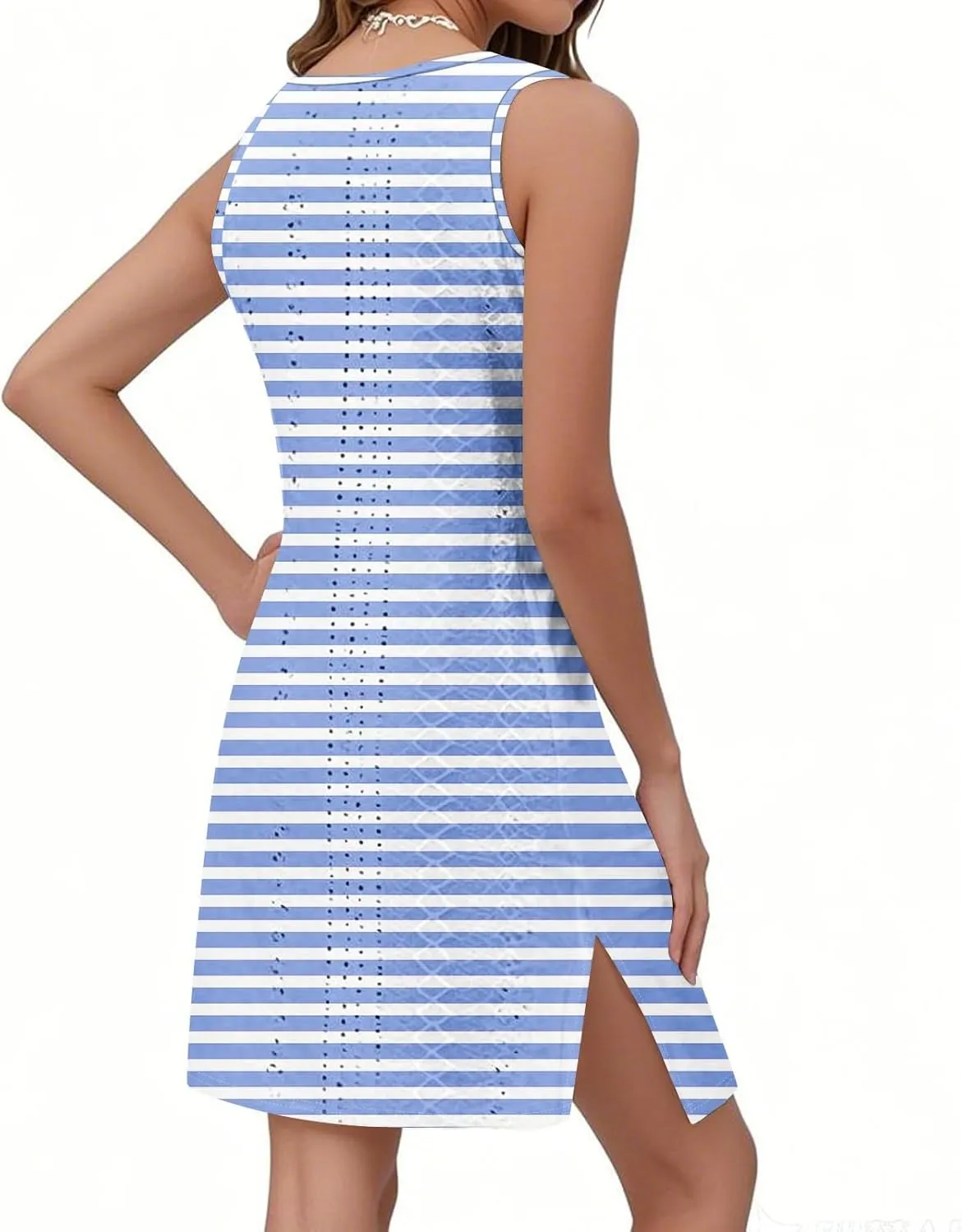ZEFOTIM Cute Striped Color Block Geometry Eyelet Dress for Women Summer Mini Sleeveless Sundress Beach Dresses with Pockets
