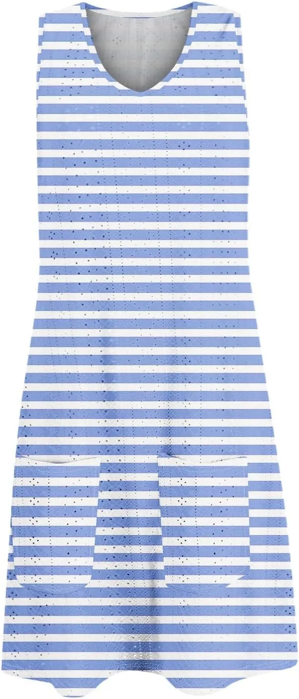 ZEFOTIM Cute Striped Color Block Geometry Eyelet Dress for Women Summer Mini Sleeveless Sundress Beach Dresses with Pockets