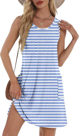 ZEFOTIM Cute Striped Color Block Geometry Eyelet Dress for Women Summer Mini Sleeveless Sundress Beach Dresses with Pockets