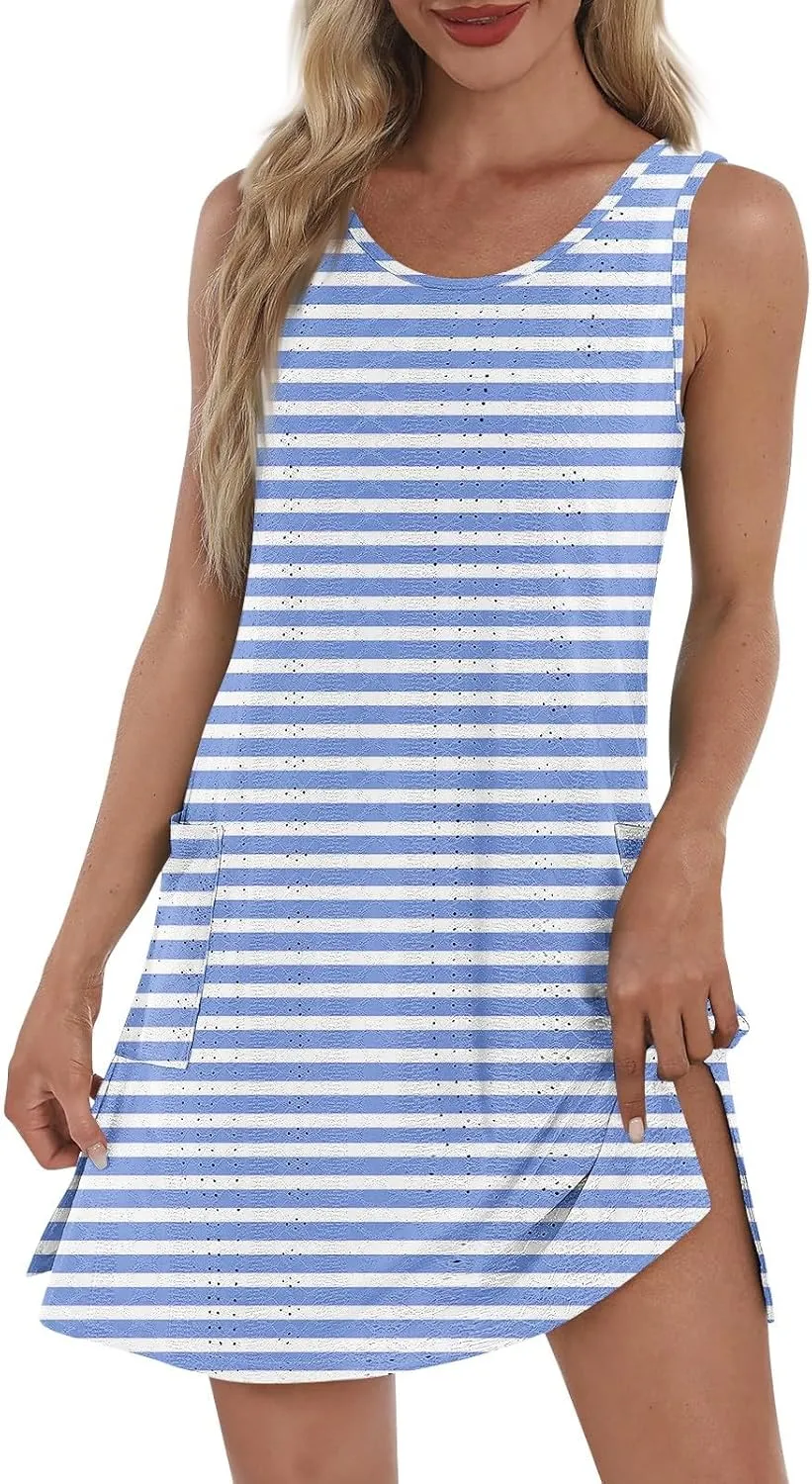 ZEFOTIM Cute Striped Color Block Geometry Eyelet Dress for Women Summer Mini Sleeveless Sundress Beach Dresses with Pockets
