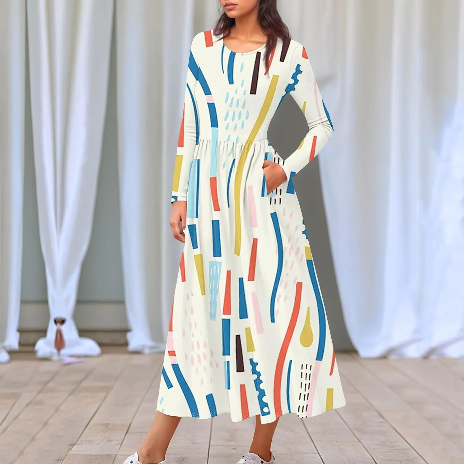 ZEFOTIM Long Sleeve Dresses for Women Casual Crewneck with Pockets Vacation Floral Dresses Spring Summer Dresses