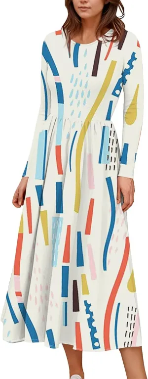 ZEFOTIM Long Sleeve Dresses for Women Casual Crewneck with Pockets Vacation Floral Dresses Spring Summer Dresses