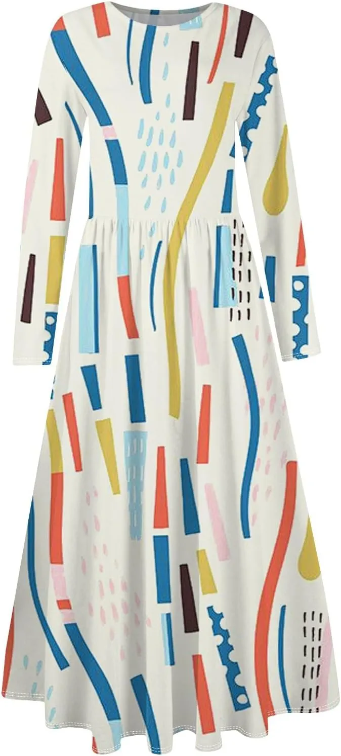 ZEFOTIM Long Sleeve Dresses for Women Casual Crewneck with Pockets Vacation Floral Dresses Spring Summer Dresses