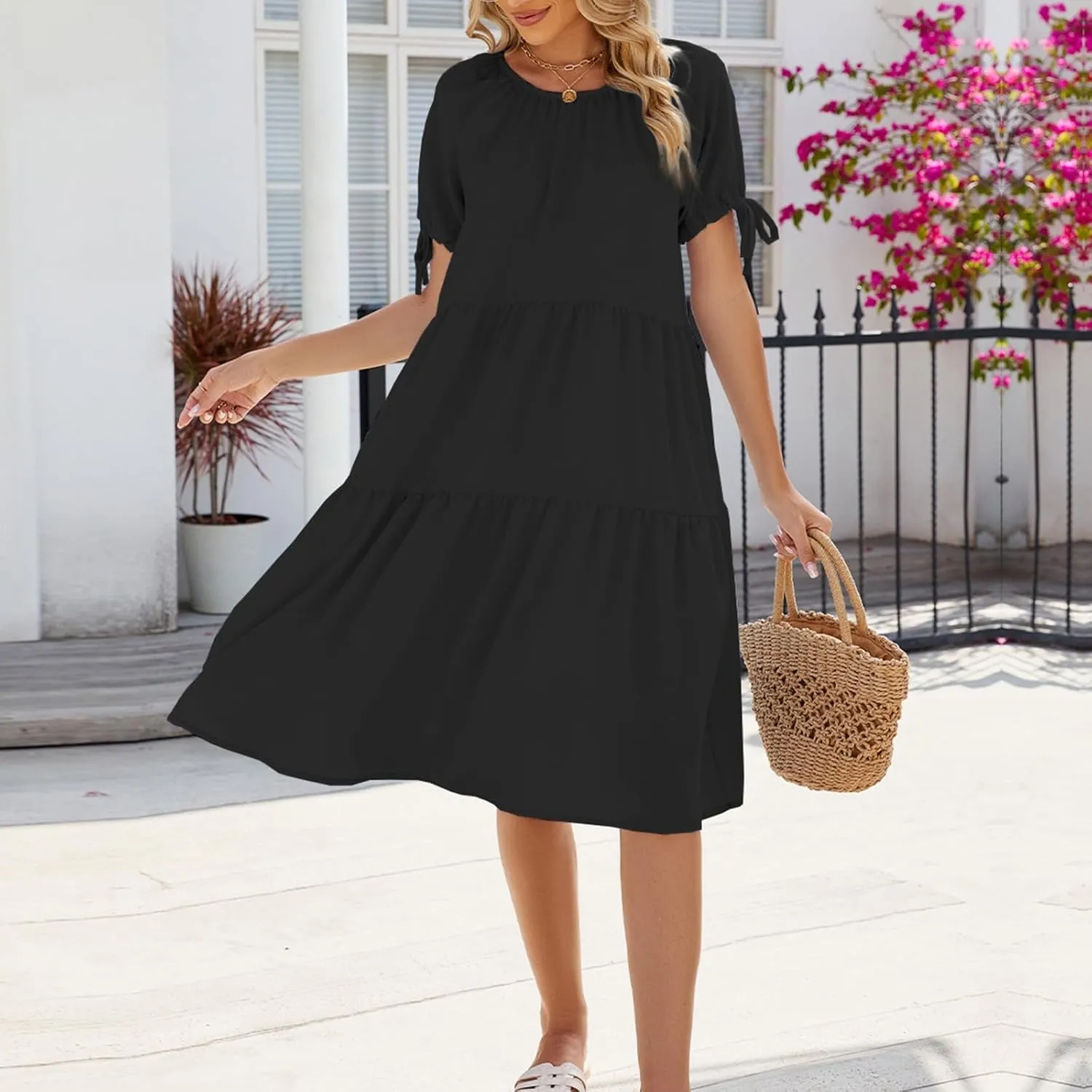 ZYXTIM Womens 2024 Summer Ruffle Short Sleeve Sundress Flowy Swing Dress Casual Loose Smocked Midi Dress Cute Sundress