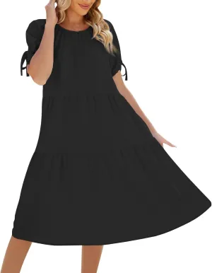 ZYXTIM Womens 2024 Summer Ruffle Short Sleeve Sundress Flowy Swing Dress Casual Loose Smocked Midi Dress Cute Sundress