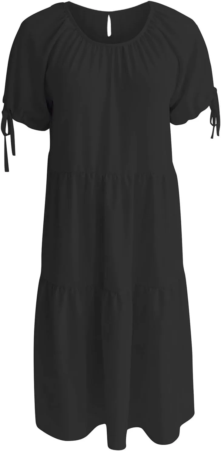 ZYXTIM Womens 2024 Summer Ruffle Short Sleeve Sundress Flowy Swing Dress Casual Loose Smocked Midi Dress Cute Sundress
