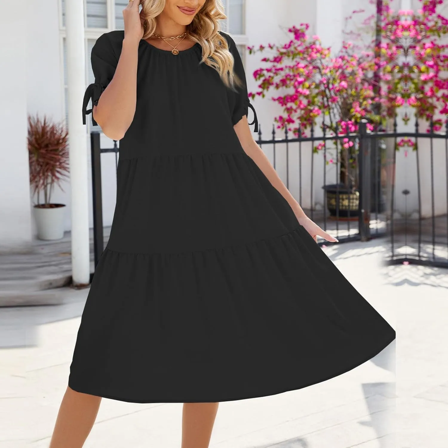 ZYXTIM Womens 2024 Summer Ruffle Short Sleeve Sundress Flowy Swing Dress Casual Loose Smocked Midi Dress Cute Sundress